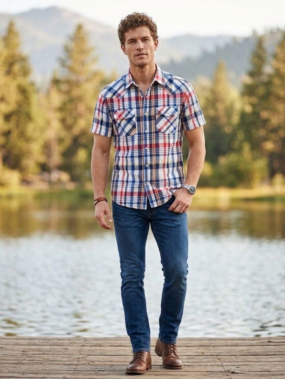 Ditch Plains Mens Plaid Short Sleeve Snap-Up Shirt L Cotton Red/Blue/Yellow